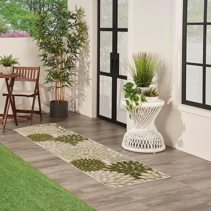 Nourison Home Aloha 8' Runner Ivory Green Fabric Tropical Area Rug (8' Runner)