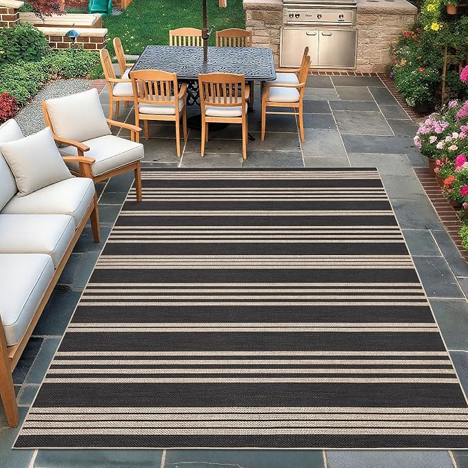 COZYLOOM 9x12 Area Rugs for Living Room Machine Washable Area Rugs Non Slip Striped Easy Jute Carpet Stain Resistant Contemporary Mats for Bedroom, Dining Room, Backyard, Black/White