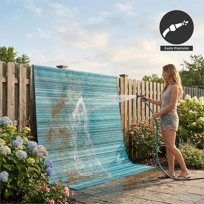 FH Home Outdoor Camping Rug - Waterproof, Fade Resistant, Reversible - Premium Recycled Plastic - Striped - Large Patio, Deck, Sunroom, RV - Havana - Turquoise - 9 x 18 ft Foldable