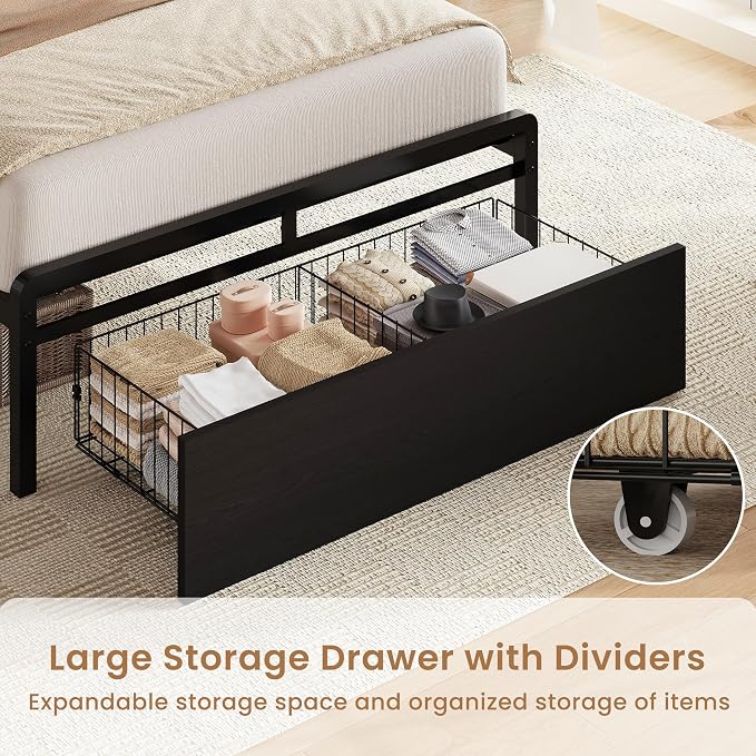 LIKIMIO Twin Bed Frames with Storage Drawer, Lights & Charging Station | Modern Platform Twin Bed Frame with 43" Headboard, Strong Supports, No Box Spring Needed, Easy Assembly, Noise-Free, Black