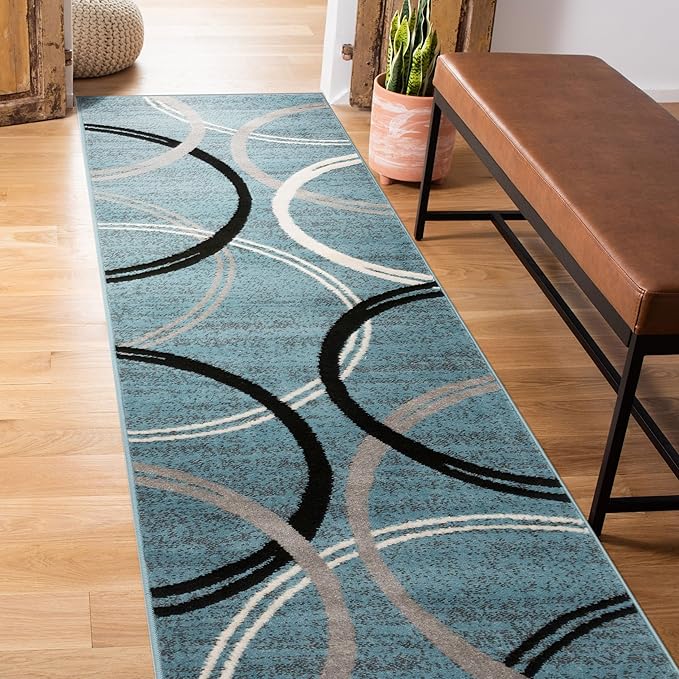 Rugshop Wavy Circles Modern Fade-Resistant Runner Rug Blue 2' x 10' | Runner, Size 2' x 10', Living Room, Bedroom, Dining Room, Home Office, Kitchen, Entryway, Hallway, Nursery, Kids Room
