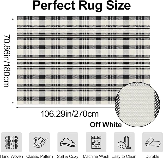 Buffalo Plaid Rug 6x9 Feet Cotton Woven Black and Off White Checkered Buffalo Check Area Rug Washable Indoor Outdoor Carpet for Living Room Bedroom Dining Room Patio Farmhouse