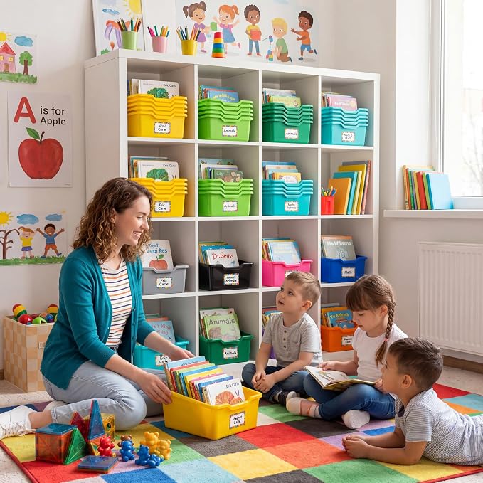 Dandat 36 Pcs Plastic Book Bins for Classroom Library Colorful Scoop Front Cubby Bins Stackable Toy Storage Containers with Handles for School Home Office Nursery Daycare (Bright Color)
