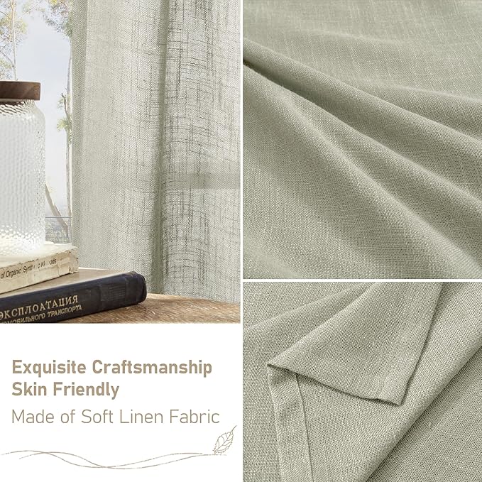 LAMIT Sage Grey Linen Boho Curtains 84 inch Length 2 Panels, Light Filtering Semi Sheer Panels Back Tab and Rod Pocket Neutral Drapes for Bedroom/Living Room, 34 x 84 Inch