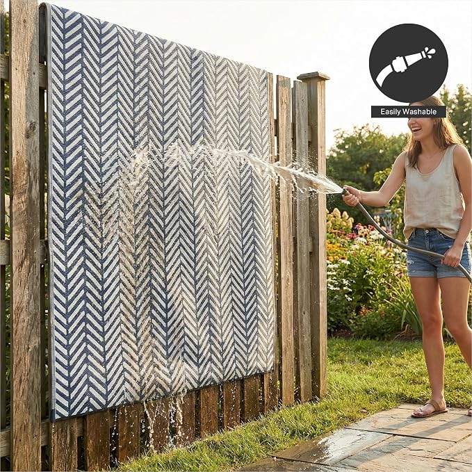FH Home Outdoor Camping Rug - Waterproof, Fade Resistant, Reversible - Premium Recycled Plastic - Herringbone - Large Patio, Deck, Sunroom, RV - Fresno - Navy - 9 x 12 ft Foldable