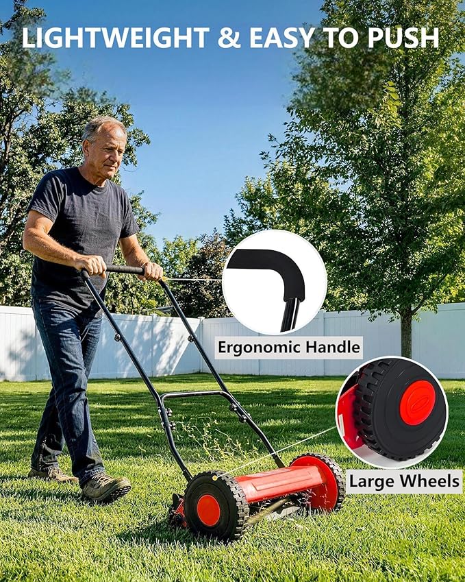16" Hand Push Lawn Mower, Push Reel Lawn Mower for Small to Medium Yards | 5-Blade Manual Lawnmower with Adjustable Cutting Height, Manual Walk-Behind Lawn Mower for Quiet Eco-Friendly Mowing