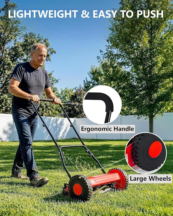 14" Hand Push Lawn Mower, 5-Blade Push Reel Lawn Mower | with Adjustable Cutting Height, Quiet Eco-Friendly Manual Lawnmower for Home Garden