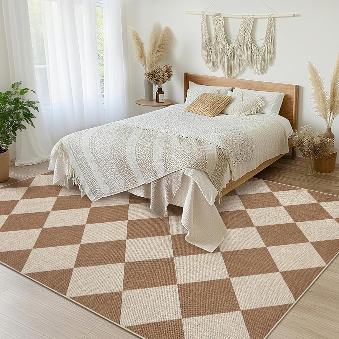 Garvee 8x10 Indoor Outdoor Rugs Easy Jute Modern Diamond Living Room Rugs with Non Slip Backing, Neutral Geometric Washable Rug Stain Resistant Non Shedding Mats for Dining Room, Bedroom, Coffee/White