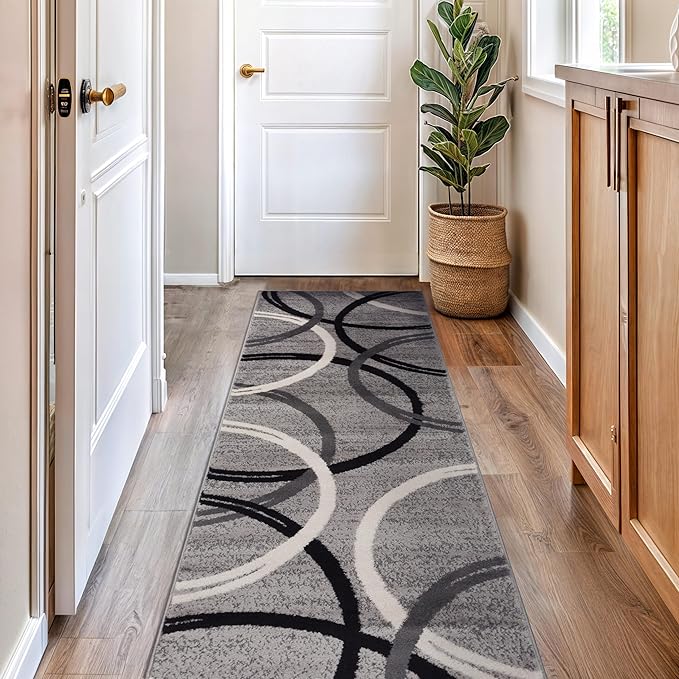 Rugshop Wavy Circles Non-Shedding Living Room Runner Rug Gray 2' x 7'2" | Runner, Size 2' x 7'2", Bedroom, Dining Room, Home Office, Kitchen, Entryway, Hallway, Nursery, Kids Room, Guest Room
