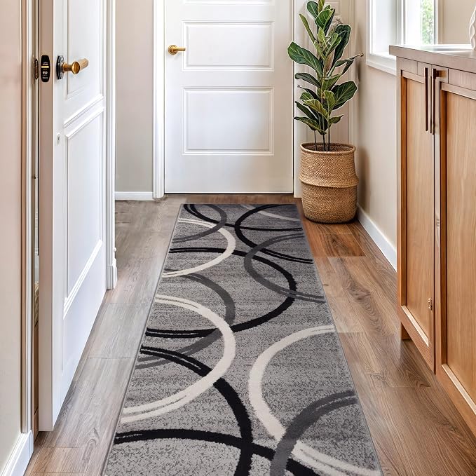 Rugshop Wavy Circles Jute Backing Living Room Runner Rug Gray 2'7" x 6' | Rectangular, Size 2'7" x 6', Bedroom, Dining Room, Home Office, Kitchen, Entryway, Hallway, Nursery, Kids Room, Guest Room
