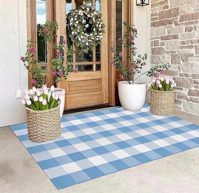 3'x5' Outdoor Rug,Light Blue and White Buffalo Checkered Porch Mat Farmhouse Washable Front Door Mat Outdoor for Hello Welcome Mat,Bedroom,Entryway,Patio