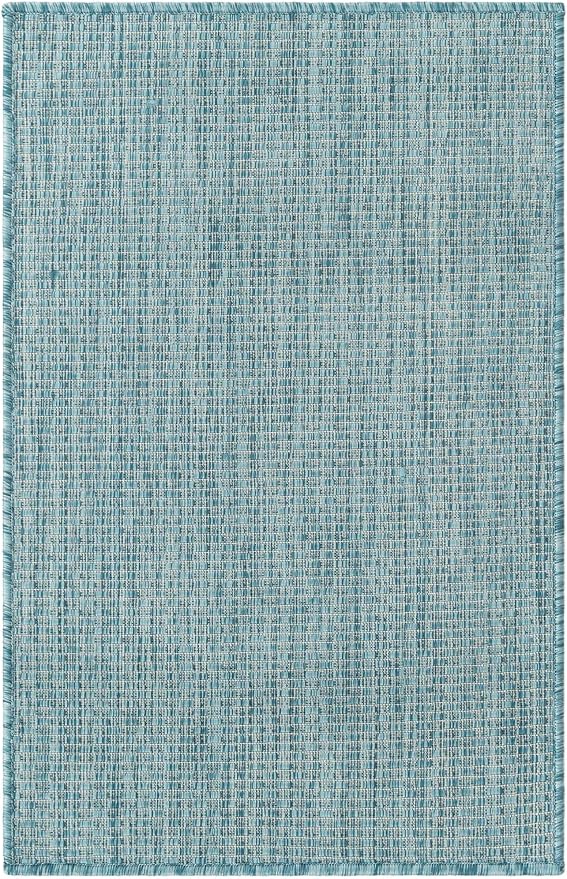 Unique Loom Collection Casual Transitional Solid Heathered Indoor/Outdoor Flatweave Area Rug (2' x 3' 1" Rectangle, Aquamarine/Ivory)