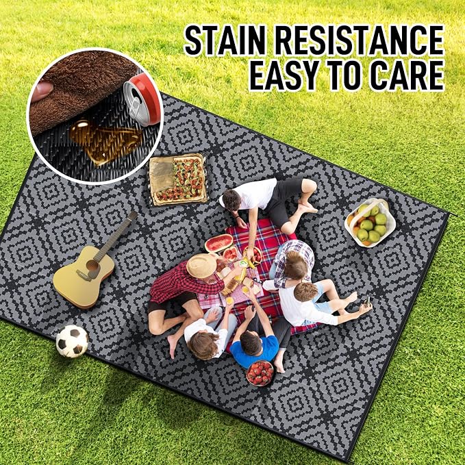 GOTGELIF Outdoor Camping Rug Waterproof 9x12FT, Large Reversible Stain&UV Resistant Plastic Straw RV Rug for Outside Patio Pool Deck Beach Indoor, Area Carpet Mat with Portable Bag&4 Stakes-Black Grey
