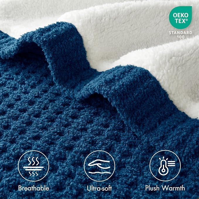 Madison Park Rowan Sherpa Throw Blanket Waffle Weave, 50 x 60, Navy Blue | Cozy Warmth for Sofa or Bed, Reversible, Lightweight, Farmhouse, OEKO-TEX Certified