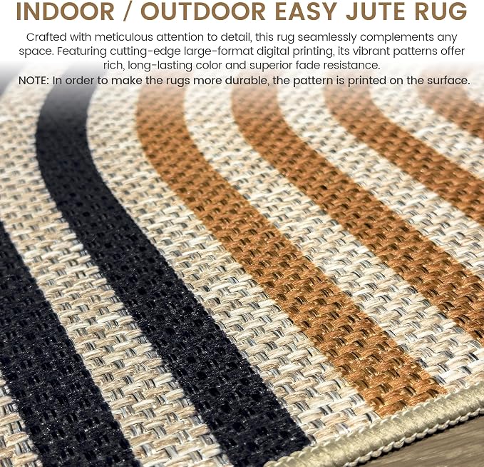 Washable Rainbow Easy Jute Runner Rug 2x6, Neutral Modern Boho Geometric Outdoor Indoor Patio Area Rug, Woven Non Slip Thin Long Runner Carpet Mat for Hallway Kitchen Entryway Porch Farmhouse