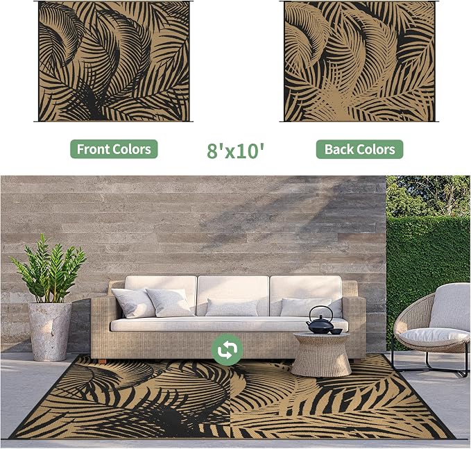 GENIMO Outdoor Rug, Waterproof Plastic Rugs for Patio, 8'x10' Black | Outside Larger Leaf Carpet Mat for Porch Decor, Deck, Balcony, Camping, RV, Backyard, Picnic, Beach, Reversible, Foldable