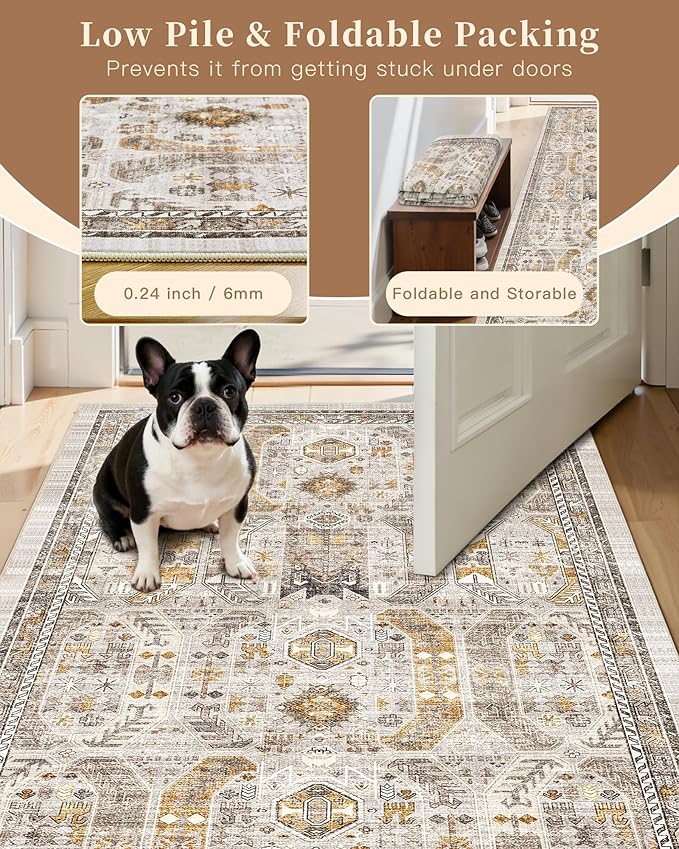 Madane Hallway Runner Rug 3x6 - Washable Kitchen Rugs Entryway Rug Runner Vintage Soft Floor Mat Non Slip Indoor Farmhouse Carpet for Bathroom Living Room Bedroom (3 X 6, Brown/Gold)