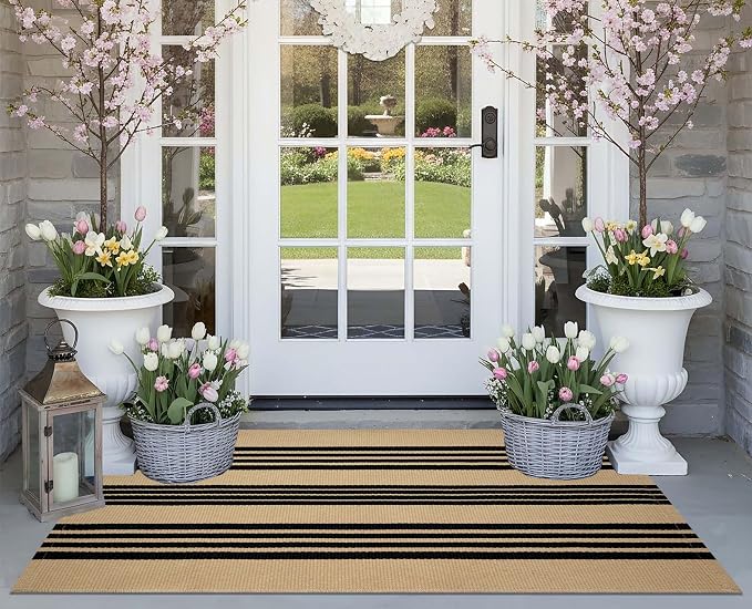 Striped Outdoor Rug 24"x51",Tan and Black Layered Doormat Cotton Woven Washable Indoor Outdoor Porch Rug Farmhouse Small Area Rug for Porch/Entryway/Home Entrance Decor