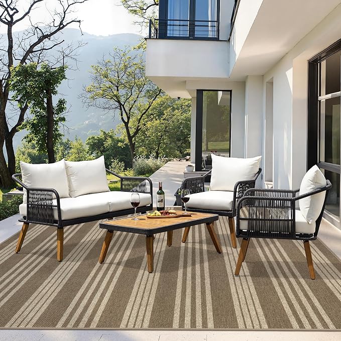 Lahome Striped Easy Jute Dining Room Rug, 8x10 Outdoor Patio Rugs Washable | Patio Living Room Area Rug, Modern Farmhouse Large Non Slip Non Shedding Carpet for Deck Sunroom Mudroom Backyard, Khaki