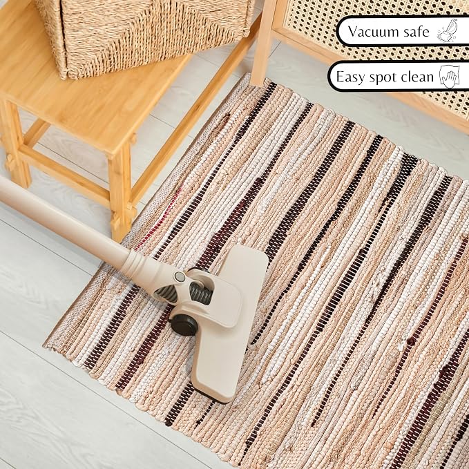 Ramanta Home Hand Woven 100% Cotton Chindi Rag Rug 2'x3' - Linen, Recycled Reversible Rug, Boho Rustic Farmhouse Rugs for Living Room, Kitchen, Entryway, Bedroom Floor Mats - 24"x36"