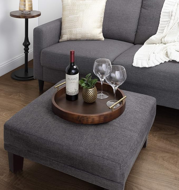 Kate and Laurel Lipton Mid-Century Modern Round Wooden Tray, 15.5" Diameter, Dark Walnut Brown with Gold Handles, Decorative Accent Tray for Storage and Display
