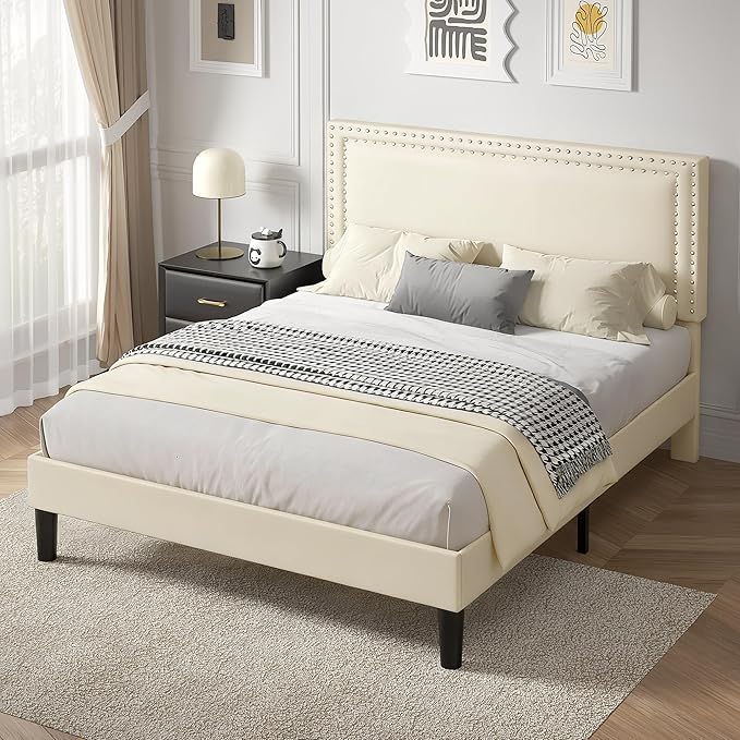 VECELO Full Size Platform Bed Frame with Height Adjustable Upholstered Headboard, Modern Mattress Foundation,Strong Wood Slat Support, No Box Spring Needed, Easy Assembly,Beige