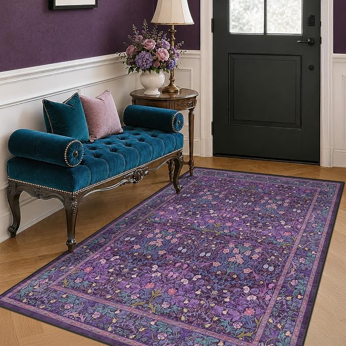 Vintage Violet Floral 4x6 Large Entryway Area Rug - Boho Purple Washable Living Room Rug, Low Pile Non-Slip Rugs for Dining Room Under Kitchen Table, Traditional Oriental Plum Decor & Stain Resistance