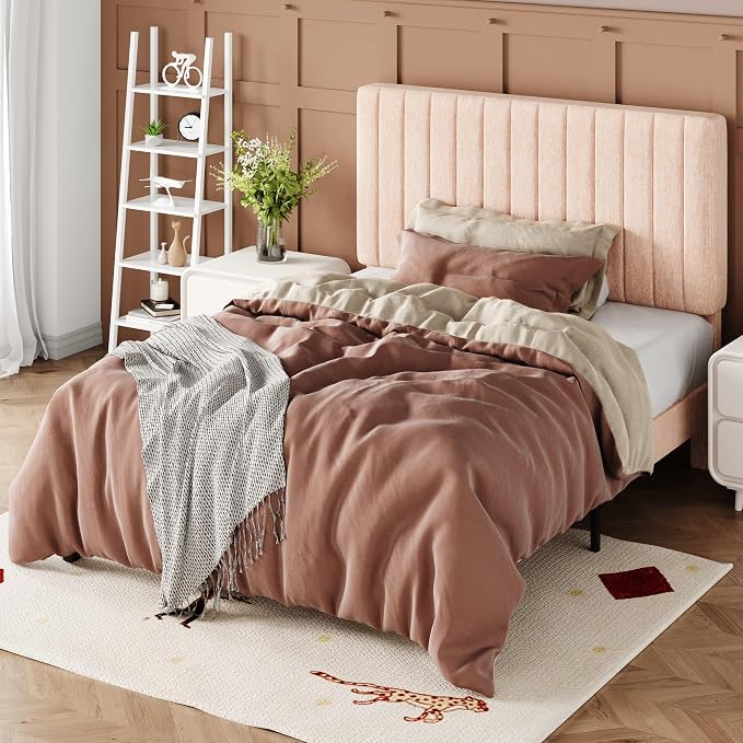 Allewie Twin Bed Frame, Upholstered Platform Bed with Adjustable Vertical Channel Tufted Headboard, Mattress Foundation with Strong Wooden Slats, Box Spring Optional, Easy Assembly, Chenille Pink