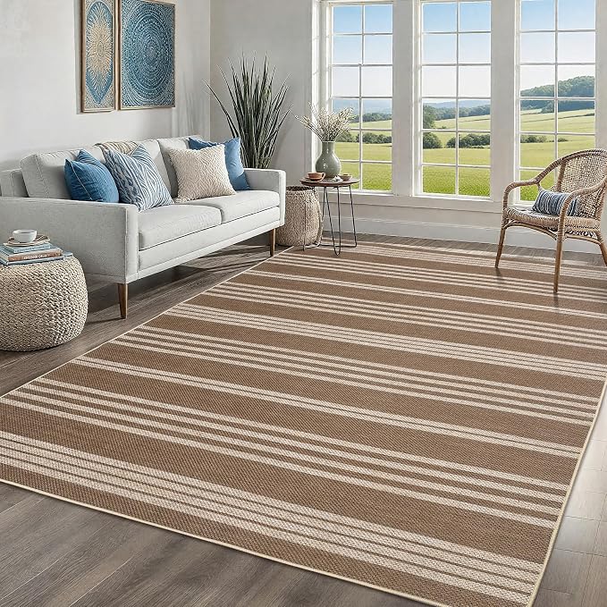 COZYLOOM Large Outdoor Rug 9x12 Rugs for Living Room Striped Easy Jute Rug with Non Slip Backing, Non Shedding Stain Resistant Contemporary Foldable Mats for Bedroom RV Patio, White/Coffee