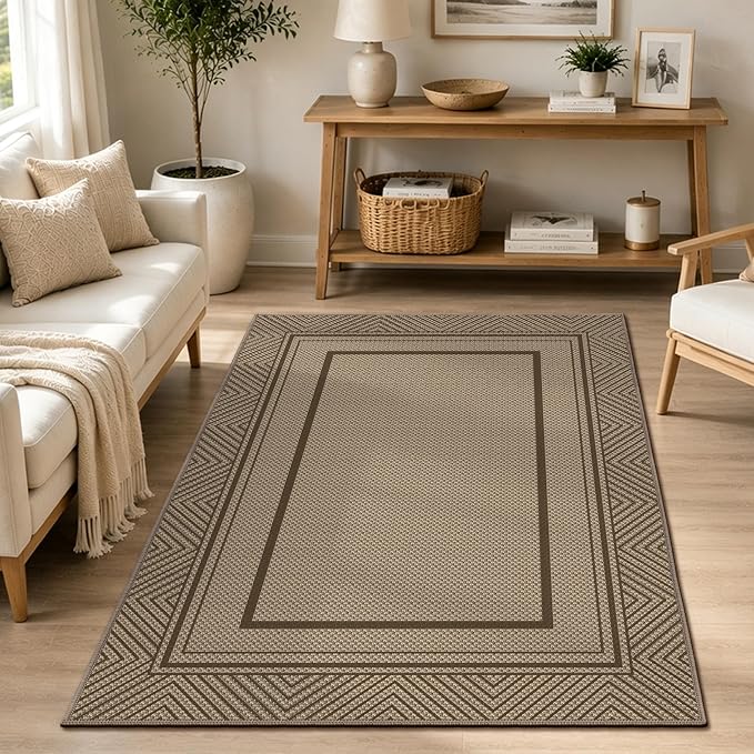 Capslpad Faux Jute 3x5 Area Rug, Geometry Line Patio Rug, Washable Front Porch Rug, Farmhouse Non-Slip Entryway Rugs for Indoor Outdoor, Brown
