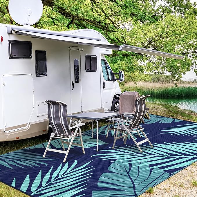 GENIMO Outdoor Rug, Waterproof Plastic Rugs 10'x14' for Camping Blue Green | Outside Larger Leaf Carpet Mat for Porch Decor, Deck, Camping, RV, Backyard, Balcony, Picnic, Beach, Reversible, Foldable