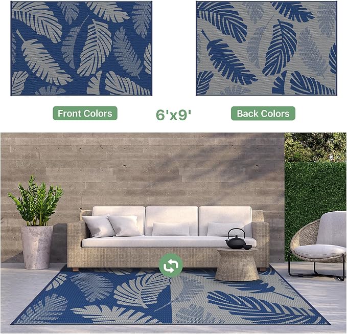 GENIMO Outdoor Rug, Waterproof Plastic Rugs for Patio, 6'x9' Blue Grey | Outside Larger Leaf Carpet Mat for Porch Decor, Deck, Balcony, Camping, RV, Backyard, Picnic, Beach, Reversible, Foldable