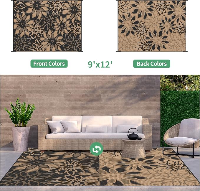 GENIMO Outdoor Rug, Waterproof Plastic Rugs for Patio, 9'x12' Onyx Brown | Outside Larger Leaf Carpet Mat for Porch Decor, Deck, Balcony, Camping, RV, Backyard, Picnic, Beach, Reversible, Foldable