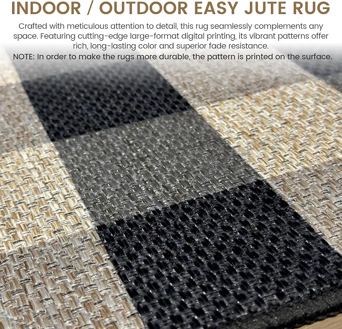 Washable Checkered Easy Jute Rug 9x12, Black Plaid Checkerboard Geometric Modern Outdoor Indoor Patio Large Rug, Woven Thin Carpet Mat for Living Dining Play Room Bedroom Classroom Kid Nursery
