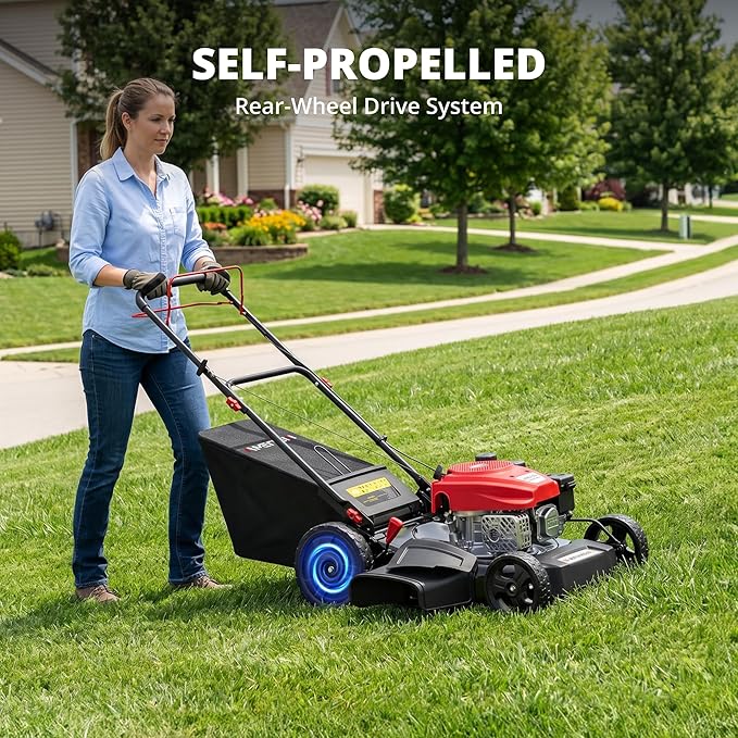 AMERISUN 21-Inch Gas Lawn Mower Self Propelled with 170cc OHV Engine, 3-in-1 Cutting System, 6-Level Height Adjustment, 1.4-Bushel Grass Catcher, Foldable Handle for Easy Storage