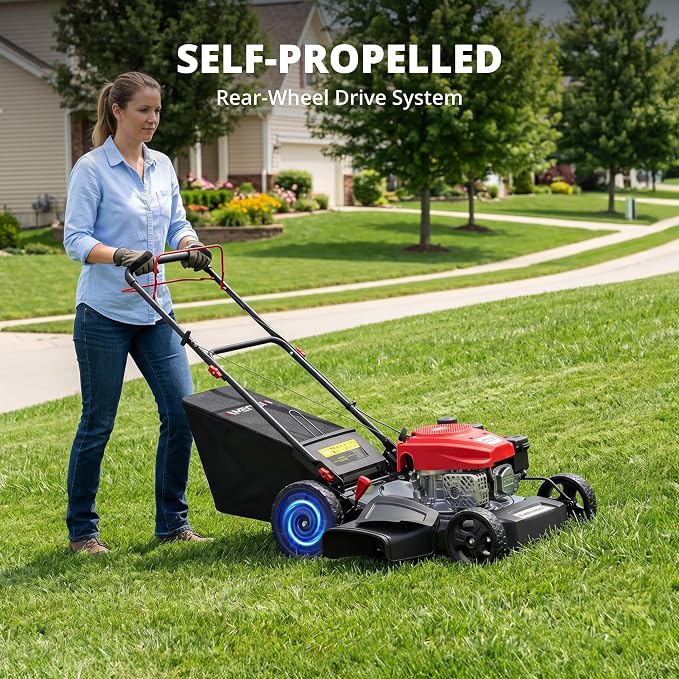 AMERISUN Gas Lawn Mower, 21" Self-propelled Lawn Mower, 170cc OHV Engine with Forced Air Cooling, 3-in-1 Mulching/Bagging/Side Discharge, 6 Cutting Heights, 1.4-Bushel Grass Catcher