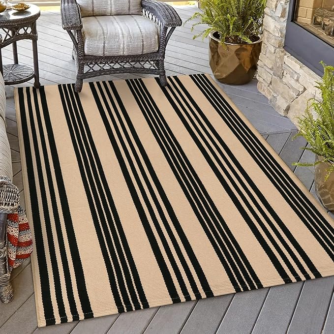 OJIA Outdoor Area Rugs 4'x6', Black and Tan Outdoor Patio Rug Porch Decor | Machine Washable Patio Rug Cotton Woven Entryway Rug Indoor Outdoor Rugs for Bedroom/Porch/Deck/Backyard/Camping/Living Room