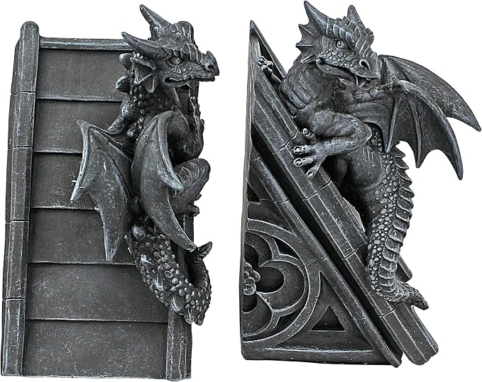 Design Toscano Castle Dragon Gothic Decor Decorative Bookend Statues, 8 Inch, Set of Two, Polyresin, Grey Stone