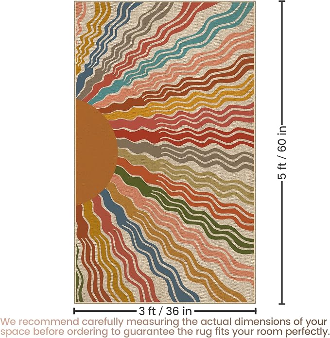 Washable Sun Easy Jute Rug, 3x5 Rainbow Sun Modern Boho Retro Outdoor Indoor Patio Small Area Rugs, Woven Ultra Thin Non Slip Carpet Door Mat for Bedroom Entryway Front Door Porch Farmhouse Backyard
