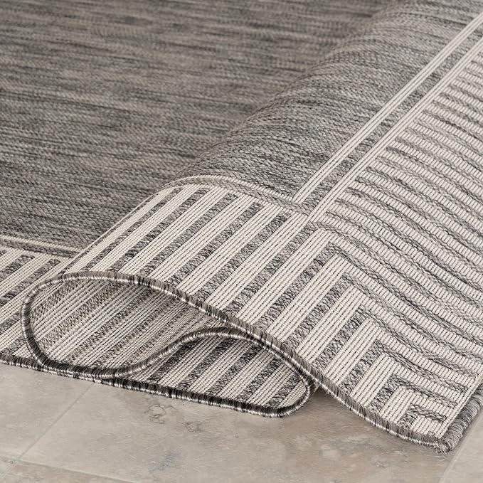 Nuloom Asha Grey/Ivory, 9'6" x 12', Casual, Striped Border, Soft and Cozy, High Traffic, Easy Clean, Durable Area Rug for Indoor/Outdoor Patio, Deck, Porch, Garden, Courtyard