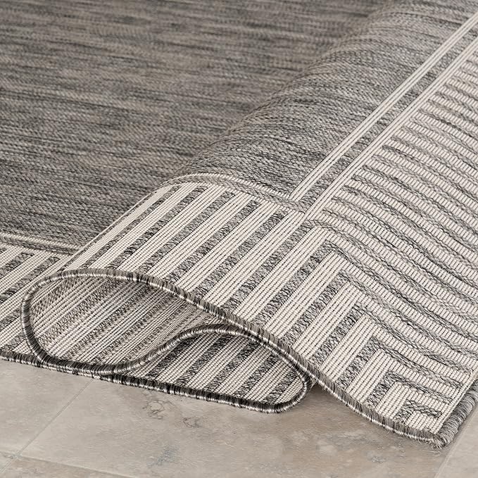 Nuloom Asha Grey/Ivory, 4' x 6', Casual, Striped Border, Soft and Cozy, High Traffic, Easy Clean, Durable Area Rug for Indoor/Outdoor Patio, Deck, Porch, Garden, Courtyard