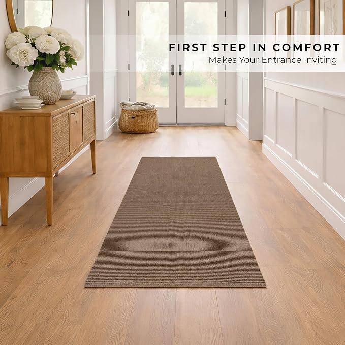 THE BEER VALLEY Woven Kitchen Runner Rug 2x6 Feet - Brown Mocha | Non Slip Outdoor Long Entry Door Runners for Hallways, Washable Indoor Bathroom Low Profile Rugs
