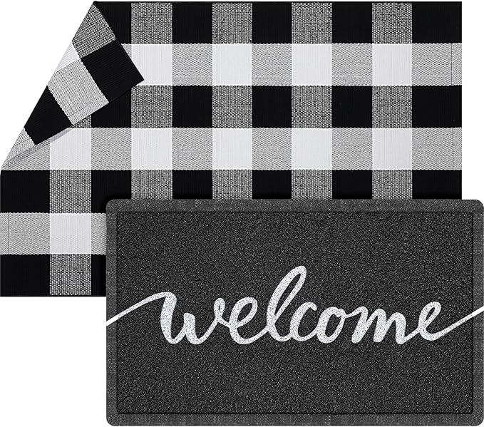 Geelin 2 Pcs 30'' x 18'' Doormat 43'' x 27.5'' Black and White Layered Rug for Front Door Mat Outside Entrance Welcome Door Mats for Indoor Outdoor Entryway Porch Decor(Welcome)