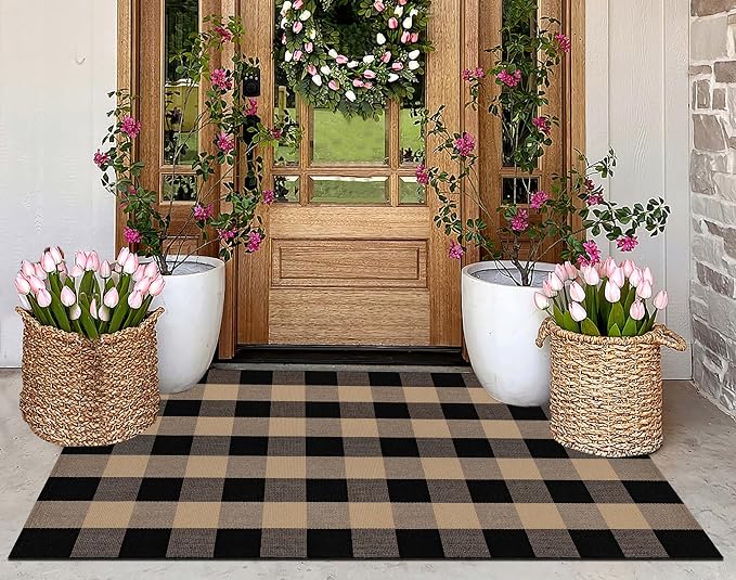 Outdoor Rug 3'x5' Tan and Black Checkered Porch Rug Cotton Woven Washable Area Rug Indoor Outdoor Door Mats for Welcome Layered Porch Entryway Bedroom Living Room