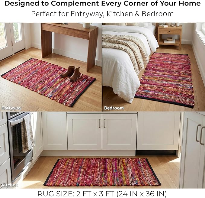 Ramanta Home Cotton Chindi Hand Woven Rug - 2x3 ft Multi Color, Reversible Area Rugs for Indoor, Outdoor, Living Room, Kitchen, Entryway | Boho Door Mat for Home Decor - 24x36 Inches