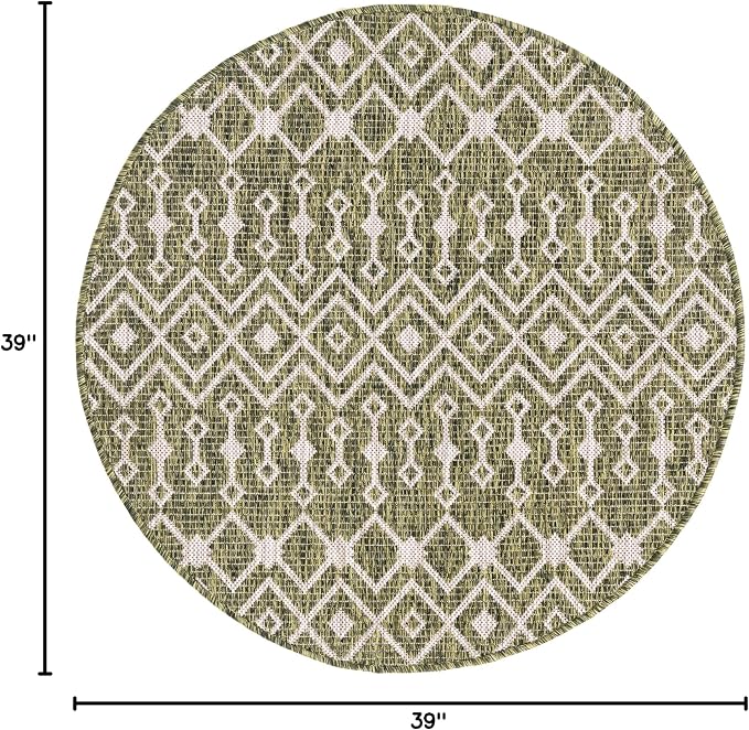 Unique Loom Outdoor Trellis Collection Area Rug - Tribal Trellis (3' 3" Round, Green/ Natural)