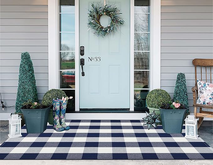 Blue and White Outdoor Rug 3'X 5' Buffalo Plaid Porch Rug Cotton Woven Washable Indoor Outdoor Area Rug for Welcome Door Mat Front Porch Entryway Bedroom Living Room