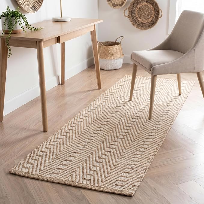 THE BEER VALLEY Jute Cotton Geometric Runner Rug 2x6 Feet - Natural White | Large Boho Kitchen Chevron Runners for Hallways, Easy Care Ivory Beige Laundry Room Rugs