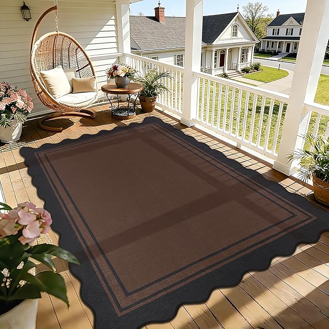 6x9 Scalloped Rug Easy Jute Washable Outdoor Patio Rug for Living Room Indoor Outdoor Black Brown Geometric Neutral Carpet for Backyard Patio Dining Room