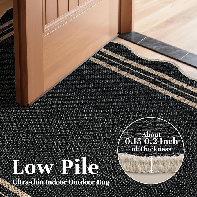 EDIMENS 2.6x4 Front Door Mat Easy Jute Scalloped Outdoor Small Entryway Rug | Non-Slip Washable Area Rug Low Pile Geometric Black Doormat Indoor Outdoor Farmhouse for Entrance Entry Front Porch Doorway